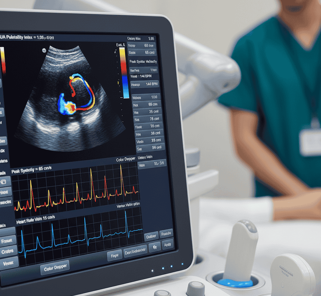Fetal Doppler ultrasound showing blood flow patterns